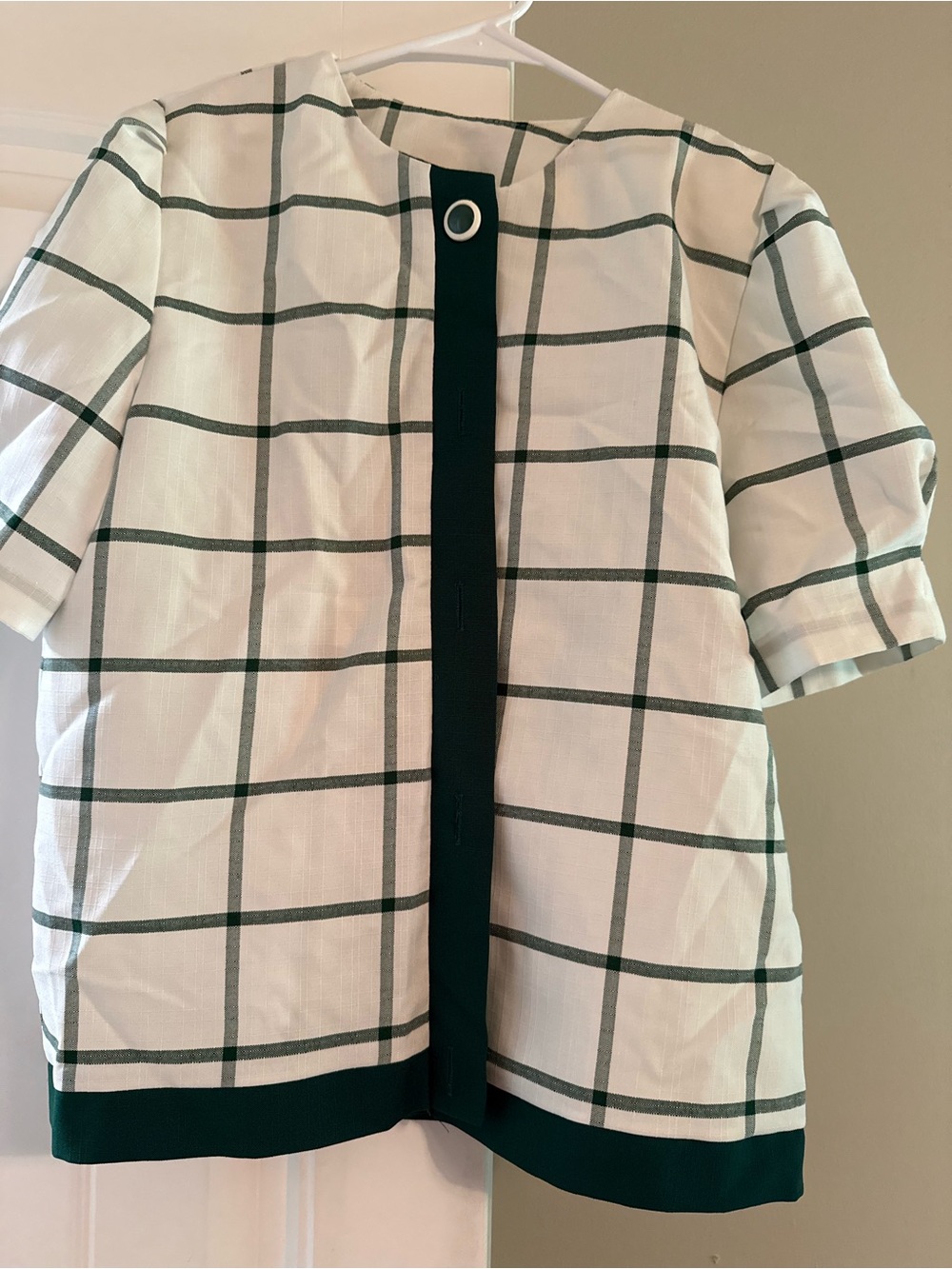 White Windowpane Short-Sleeve Button Down Shirt with Dark Green Trim